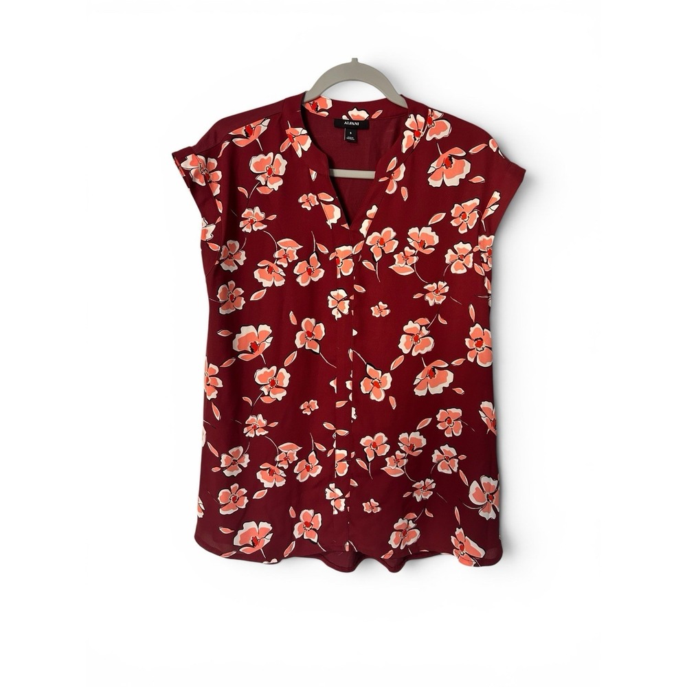 Alfani Womens Small Floral Blouse Burgundy Pink Cap Sleeve Business Casual Top